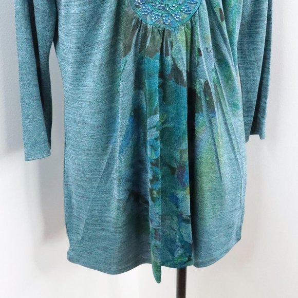 One World Women's L Blue Floral Crochet Rhinestone Knit Long Sleeve Tunic Top - Picture 6 of 9